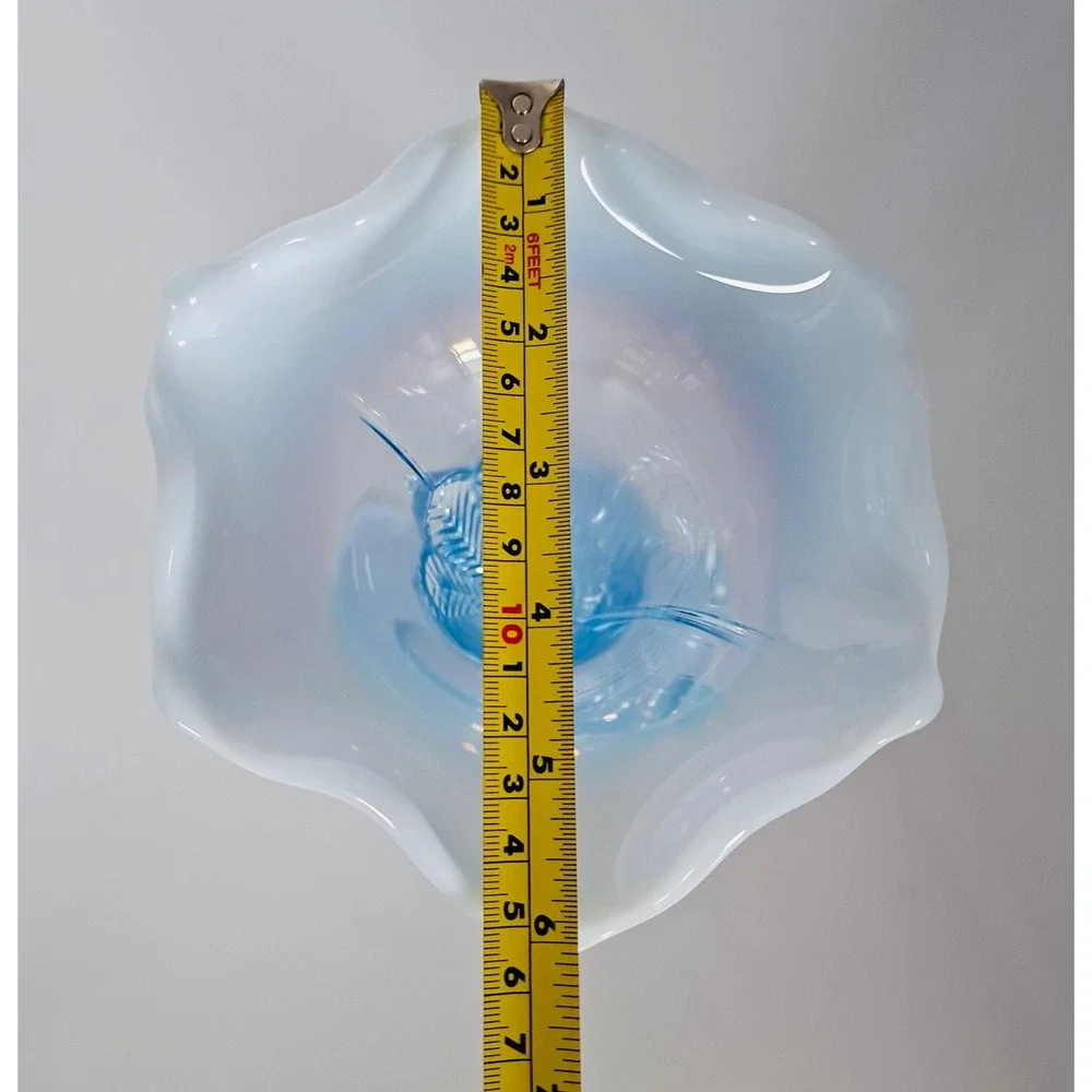 Vintage Duncan & Miller Three Feathers Blue Opalescent Cornucopia Vase 8